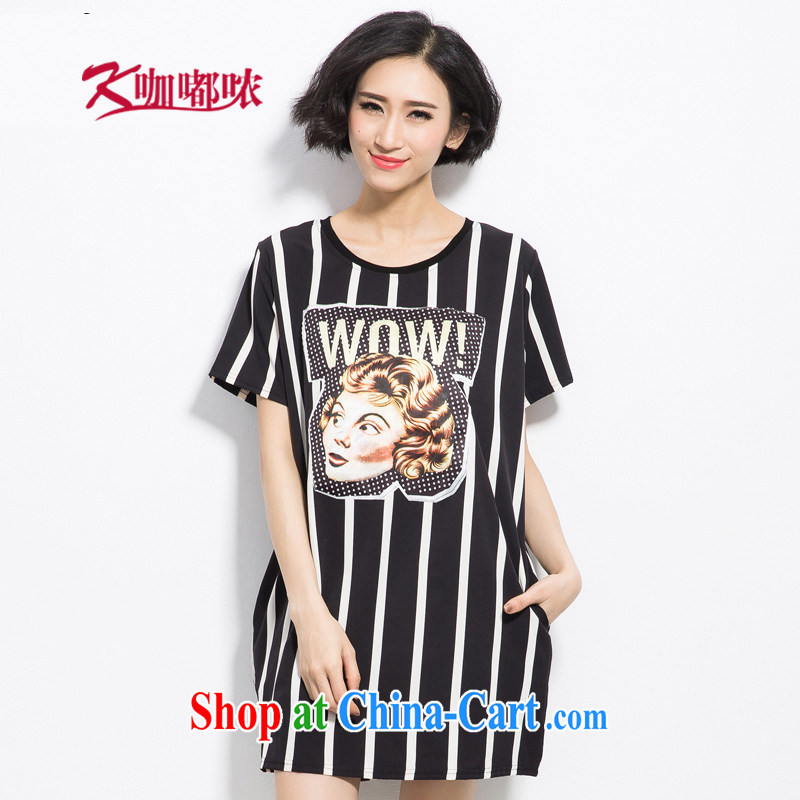 Coffee murmured the Code women's clothing 2015 summer new thick MM increase the fat and stylish black-and-white stripes video thin dresses black XXL