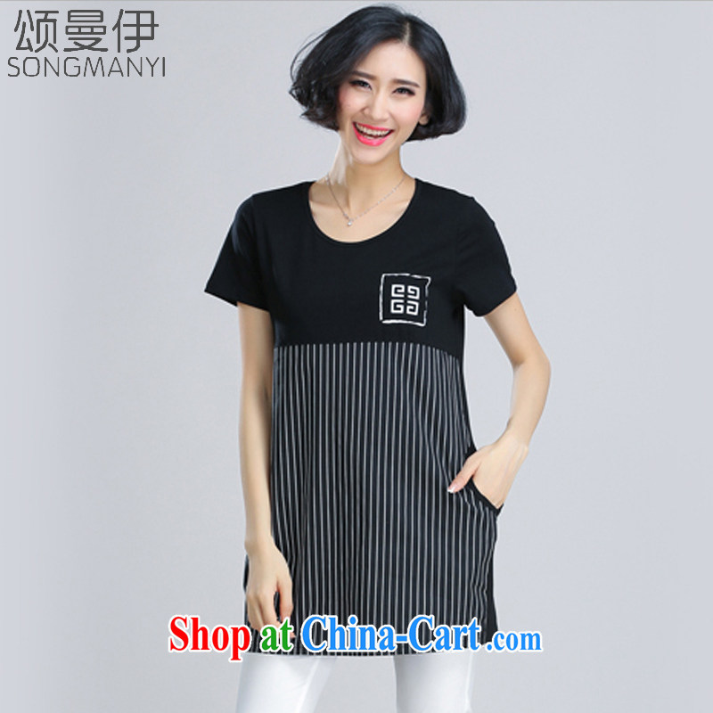 Also, the 2015 summer new, larger female thick mm stamp short-sleeved video thin T-shirt, long, loose T shirts women 6091 black XXXXL