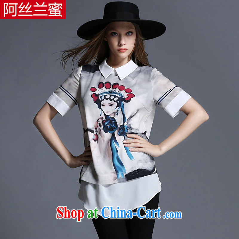The silk, honey XL girls thick MM graphics thin summer wear lapel retro stamp stitching cultivating T pension ZZ 1910 white 5 XL _181 jack - 200 Jack through_