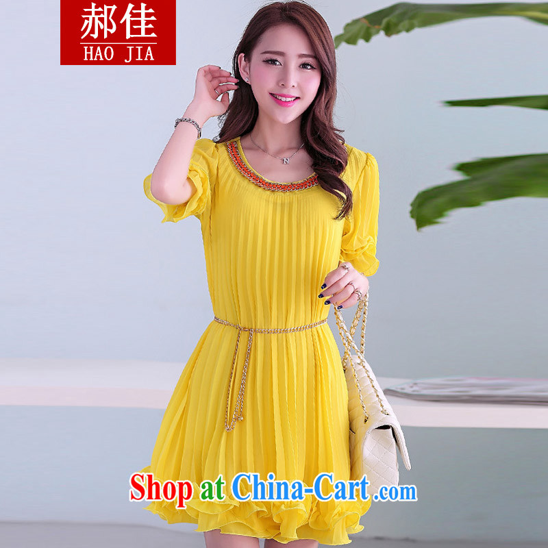 Hao better fat sister graphics thin dresses and indeed increase, female Korean snow woven dresses short-sleeved 100 hem skirt yellow XL 140 jack - 160 jack