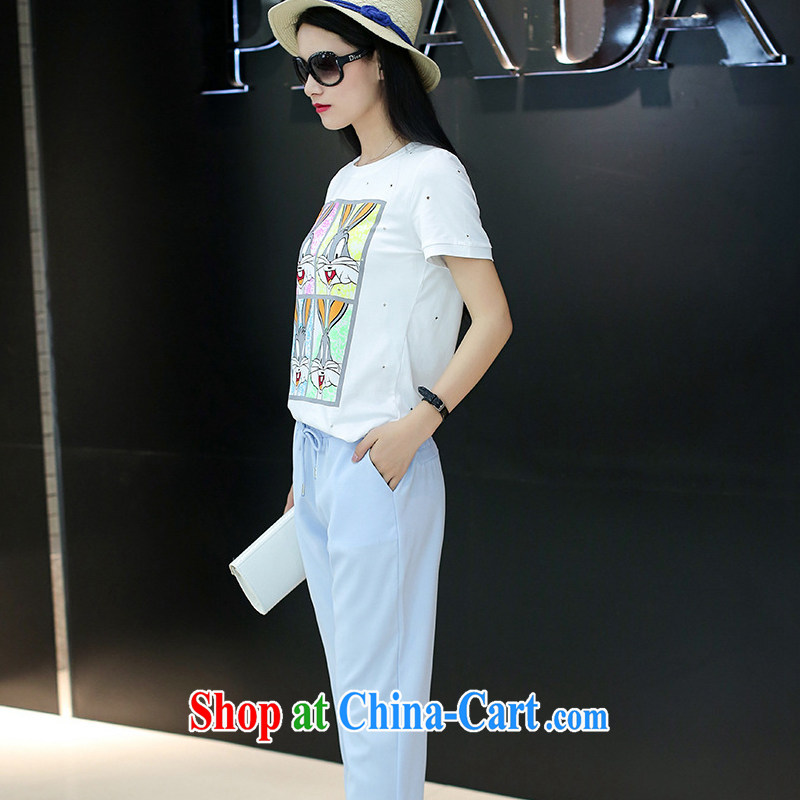 Yuan Bo summer new short-sleeved larger female loose video thin 200 Jack thick MM cotton Ma T shirt + pants white + light blue 1993 2 XL 135 - 145 Jack left and right, Bo, and shopping on the Internet