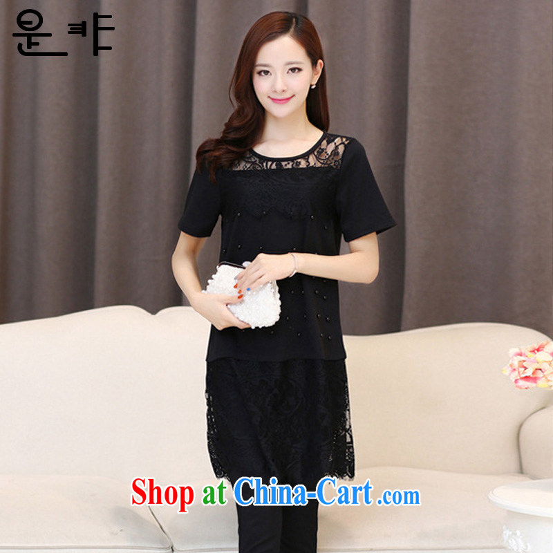 2015 is new, larger female short-sleeve lace loose video thin dress 8505 black XXXXL