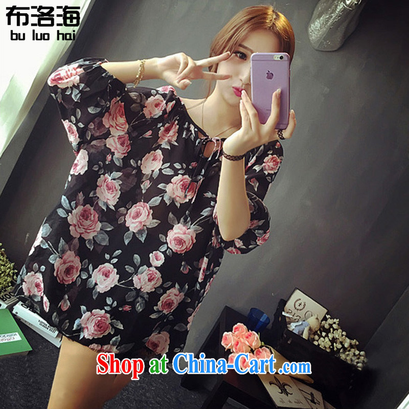 The sea 2015 summer new thick MM larger women snow woven shirts, long, stamp duty and indeed increase loose video thin dress 9052 black large code XL