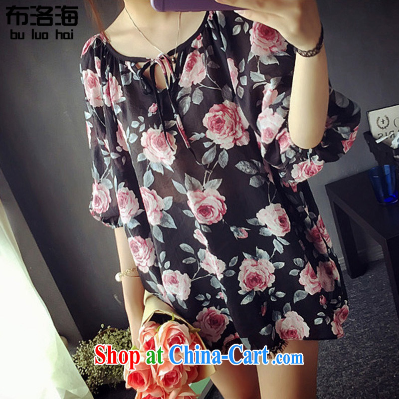 The sea 2015 summer new, thick MM large code female snow woven shirts, long, stamp duty and indeed more relaxed graphics thin dress 9052 black large code XL, sea, shopping on the Internet