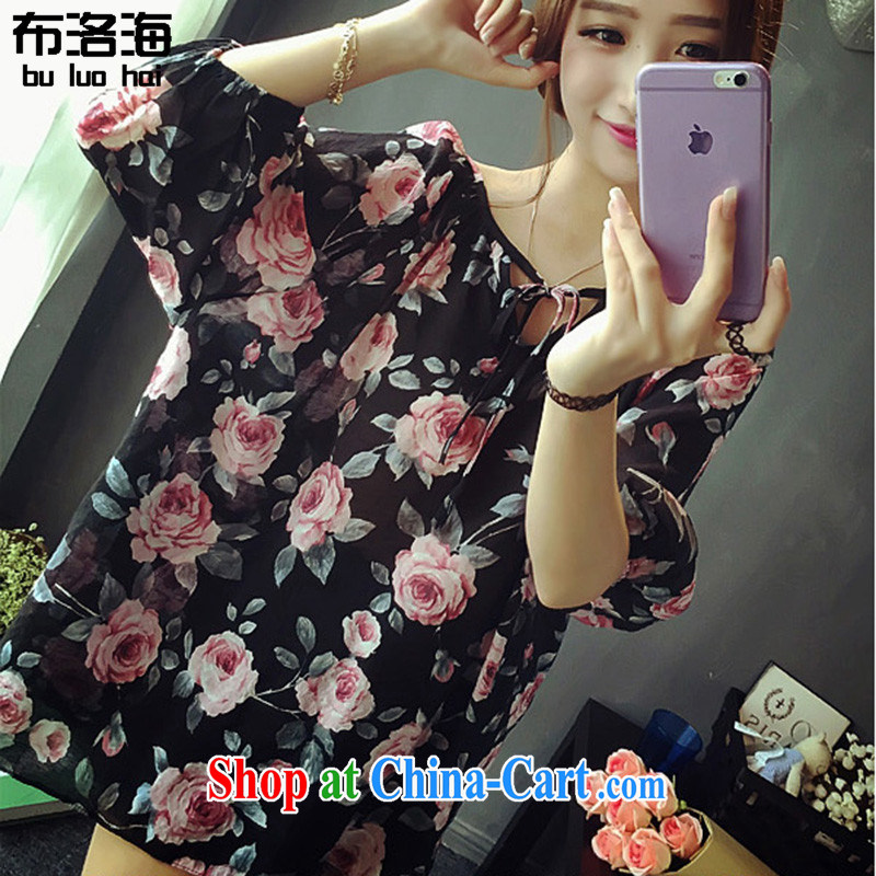 The sea 2015 summer new, thick MM large code female snow woven shirts, long, stamp duty and indeed more relaxed graphics thin dress 9052 black large code XL, sea, shopping on the Internet