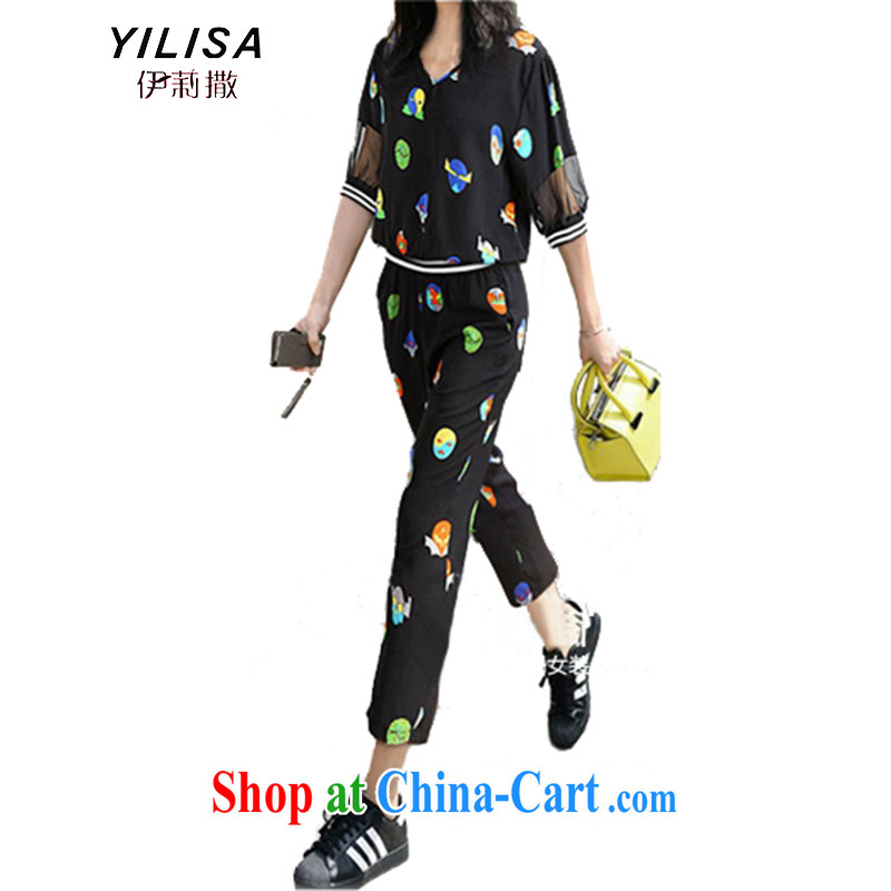 YILISA new in Europe and America, the girls summer T-shirts packaged thick mm sport and leisure snow woven T-shirt loose thin coat 9 pants Y 5565 black XXXL