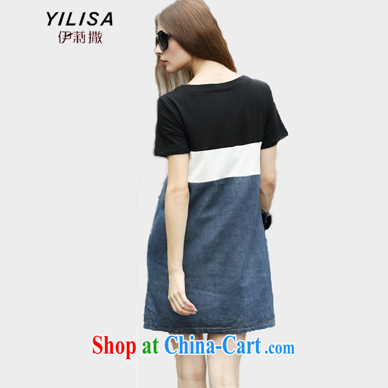 The YILISA code female new denim dress thick MM summer 200 Jack short-sleeve spelling series skirts and indeed intensify denim dress Y 9125 black XXXL, Ms. sub-Saharan (YILISA), online shopping