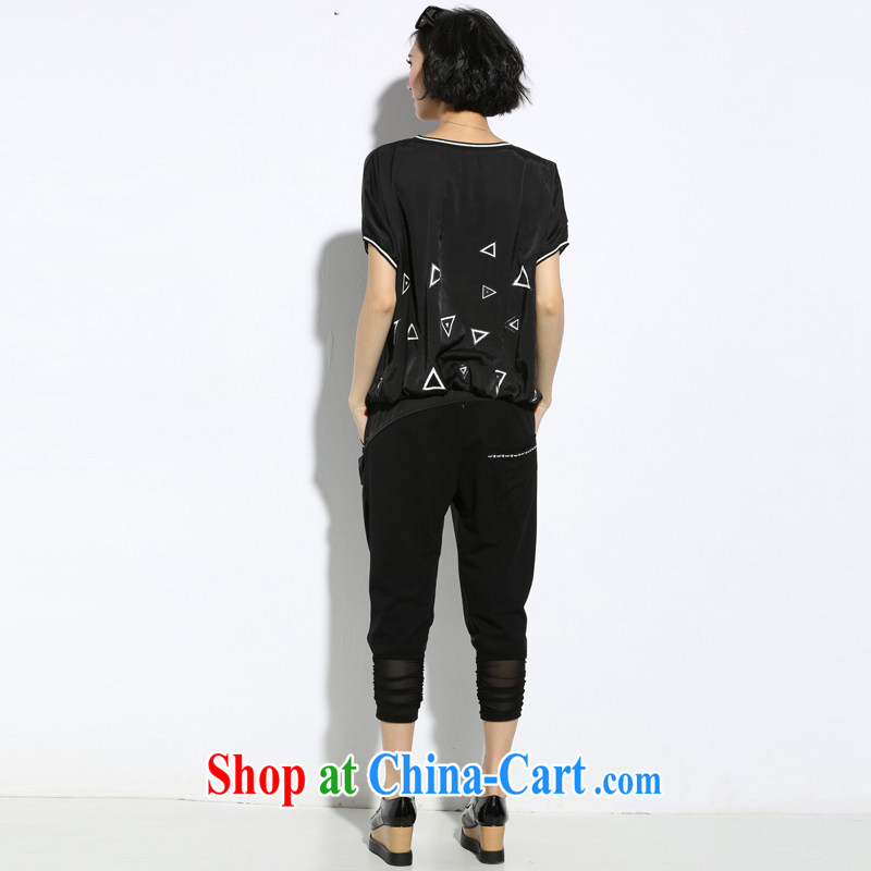 Eternal-soo and indeed increase, female video thin T-shirt pants set thick mm summer new Korean version thick sister thick stylish personalized stamp short sleeve black 3XL, eternal, and the show, and online shopping