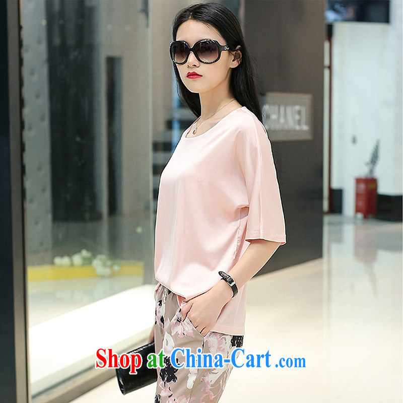 Once again in Europe and America 2015 larger female summer new thick mm round-collar T-shirt + 9 pants leisure two package summer 1769 pink 5 XL = 175 - 200 jack, once again, on-line shopping