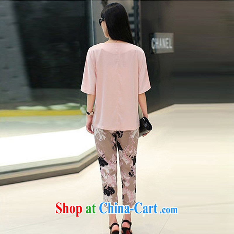 Once again in Europe and America 2015 larger female summer new thick mm round-collar T-shirt + 9 pants leisure two package summer 1769 pink 5 XL = 175 - 200 jack, once again, on-line shopping