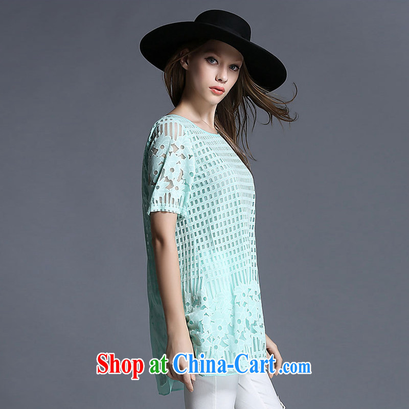 Of those who would be focused on the younger sister, female summer new 2015 lace biological aerial long T shirts stitching round collar T-shirt graphics thin, 1968 green XL, the proscribed (MUFUNA), and shopping on the Internet