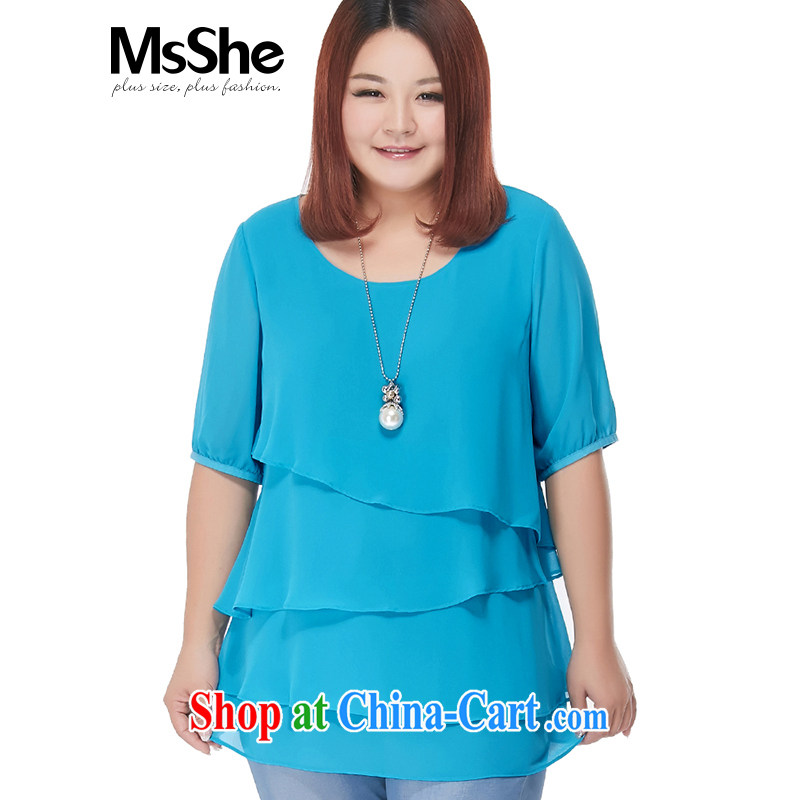 MSSHE XL girls 2015 new summer thick sister flouncing round-collar solid ice woven shirts 4698 sea blue 4 XL