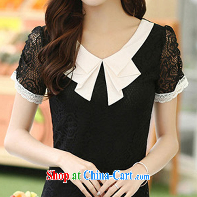 Morning would be 2015 summer New, and indeed increase, female Korean thick mm video thin doll collar lace short-sleeved dresses beauty knocked color lace dress black 4 XL, morning, and shopping on the Internet