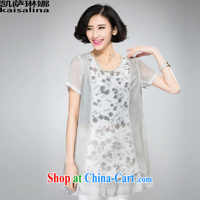 Catherine, summer 2015 new Korean version relaxed thick mm larger graphics Thin women, long the root yarn stitching short-sleeved snow woven shirts summer light gray XL, Catherine (kaisalna), online shopping