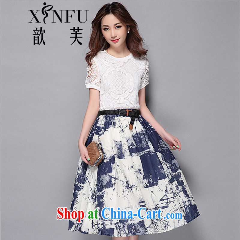 Zhe 2015 will be the European site with new, larger female lace T-shirt body skirt cotton two-piece painting stylish package white XXL