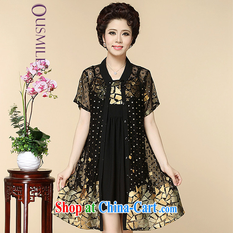 Ousmile summer 2015 New Wave-stitching pattern female Two-piece dresses, older mothers with the FAT XL 1941 yellow 4 XL