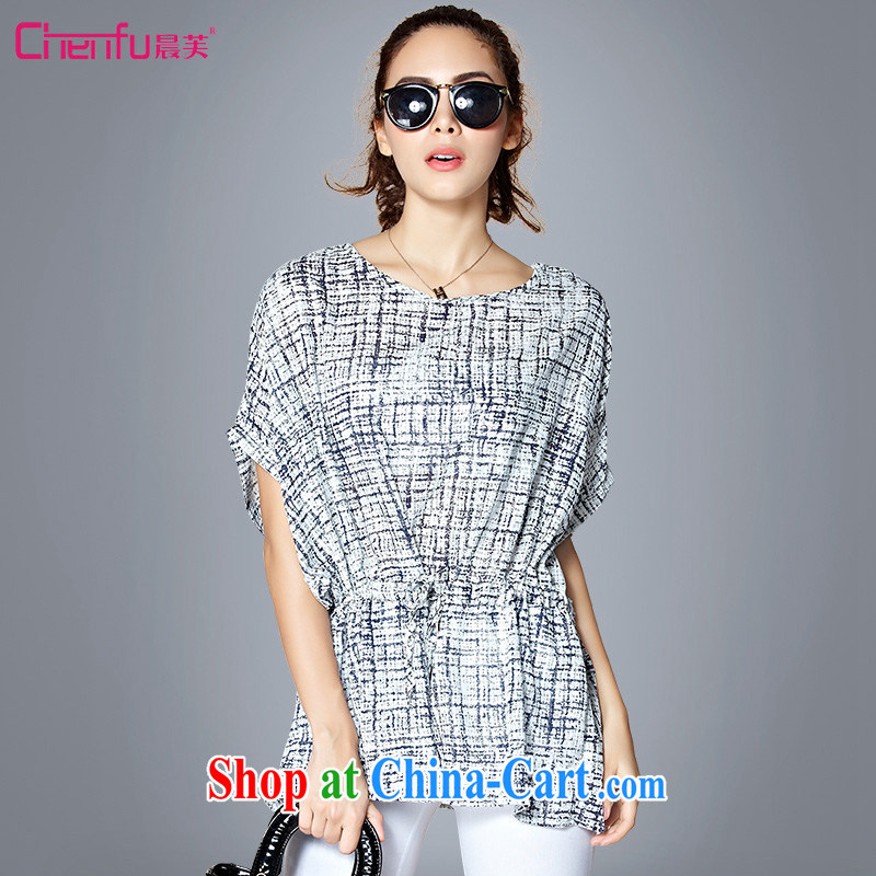 Morning would be 2015 and indeed increase, female summer bat sleeves floral stamp snow woven shirt short-sleeved video thin thick mm loose the waist stamp T shirt T-shirt Blue on white 4 XL