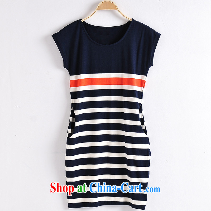Korean Wind SST summer thick MM large code female sport and leisure striped dresses summer girls in long cotton beauty package and skirt royal blue S, Korean Wind SST (Hanfoo), online shopping