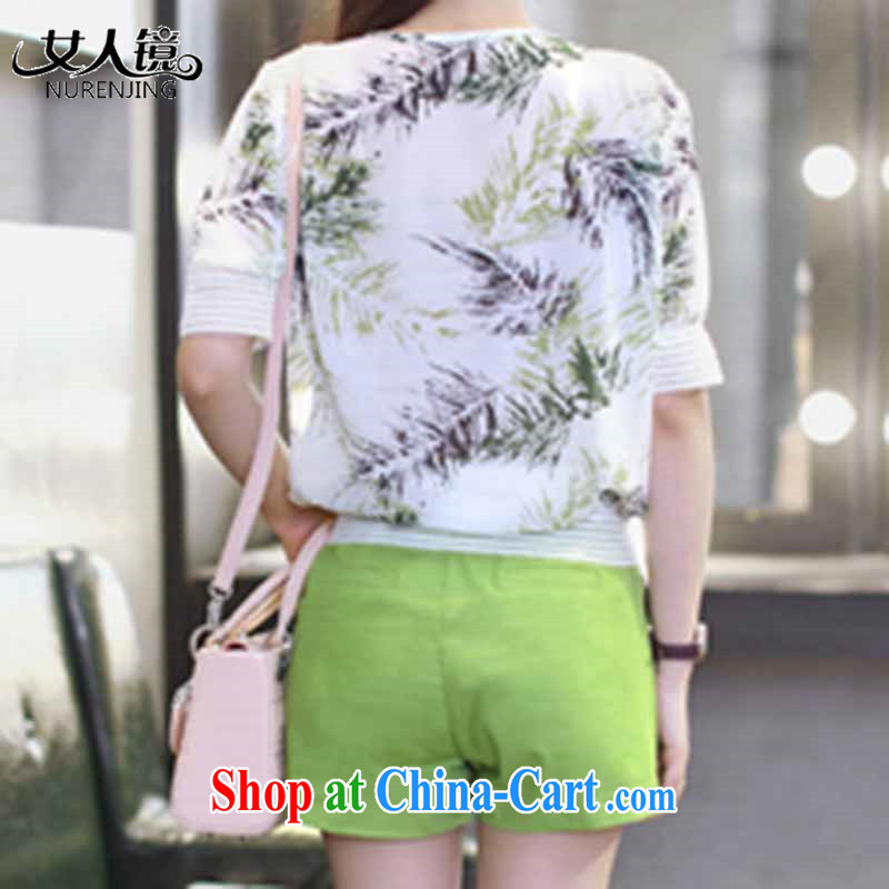 A woman Korean Beauty two-piece short sleeve woven snow stamp women dress set #N 521 green T-shirt green shorts S, Woman mirror (nurenjing), online shopping