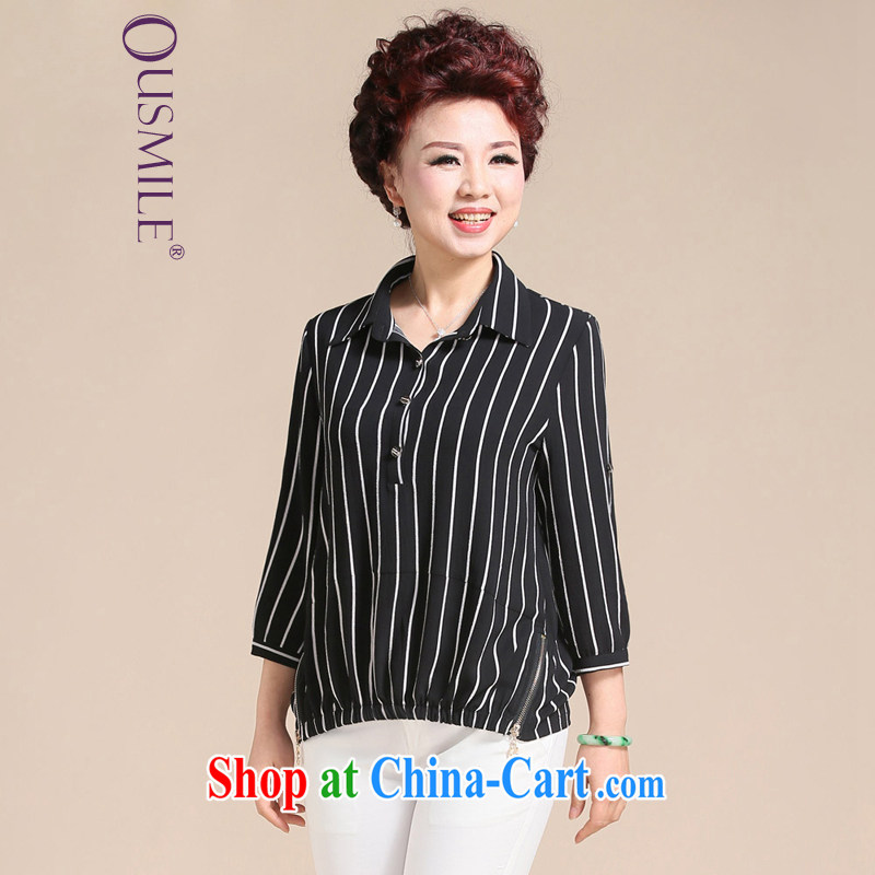 Ousmile 2015 spring and summer new black-and-white striped loose roll collar shirt and stylish in her elderly mother with the Code 039 black streaks 4 XL