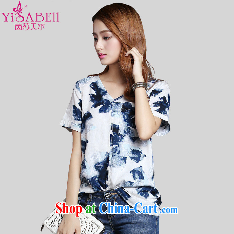 Athena Isabel Allende Europe XL female thick mm summer 200 Jack loose V collar T shirt short-sleeved video thin ink stamp duty cotton Ma T-shirt 1235 Blue on white 5 XL recommendations 180 - 200 jack
