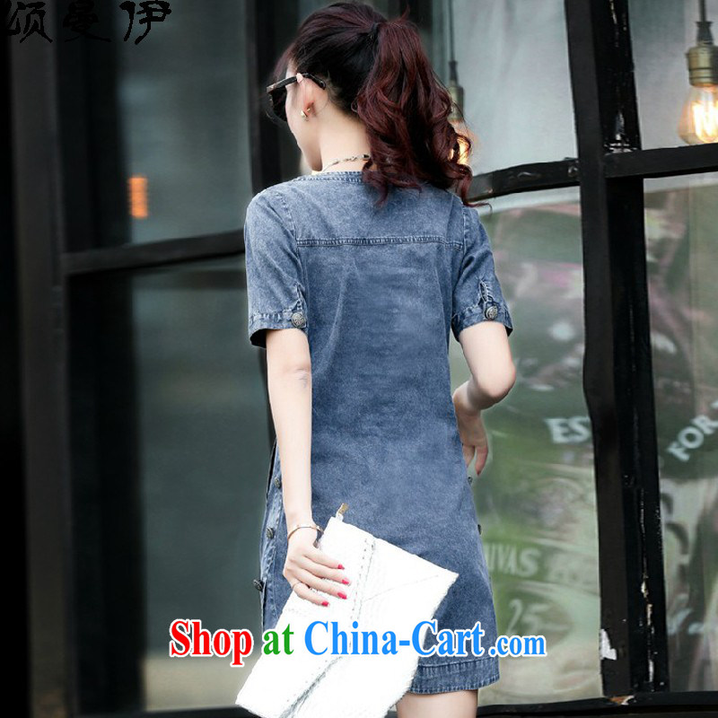 Also, the 2015 summer new Korean version of the greater code loose girls decorated in a video thin stamp duty short-sleeved denim dress A field skirt 848 summer picture color L, Chung, and, shopping on the Internet