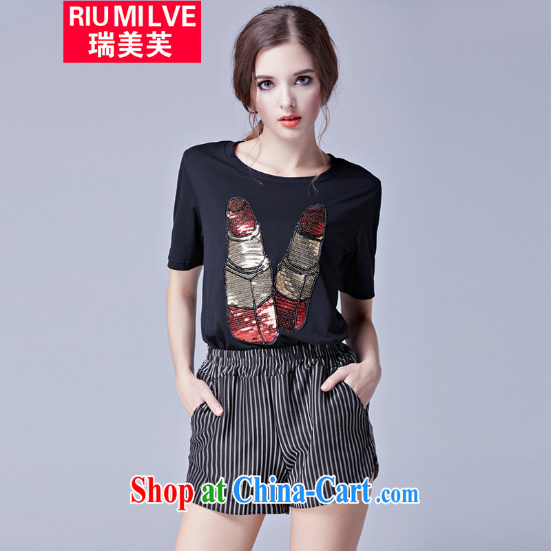 Ryan and the United States concluded the 2015 is indeed increasing, female summer new European and American embroidery bead pattern short-sleeved shirt T mm thick loose video thin female T-shirt N 3680 black XXXL