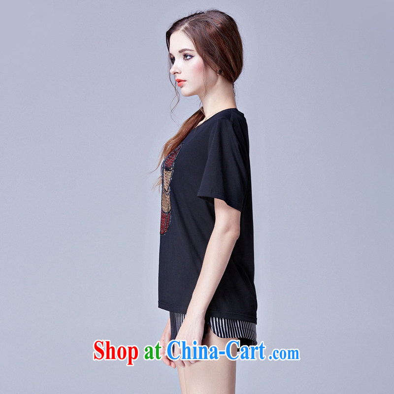 and the United States, 2015 would be the fat increase, female summer new European and American embroidery bead pattern short-sleeved shirt T mm thick loose video thin female T-shirt N 3680 black XXXL, the US could (RIUMILVE), and, on-line shopping