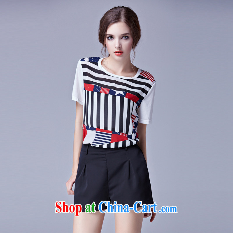 and the United States, 2015 will be in Europe and indeed the XL female summer new, mm thick loose video thin stripes flag stamp duty short-sleeved shirt T Snow woven shirts 3675 white XXXL, the US could (RIUMILVE), online shopping