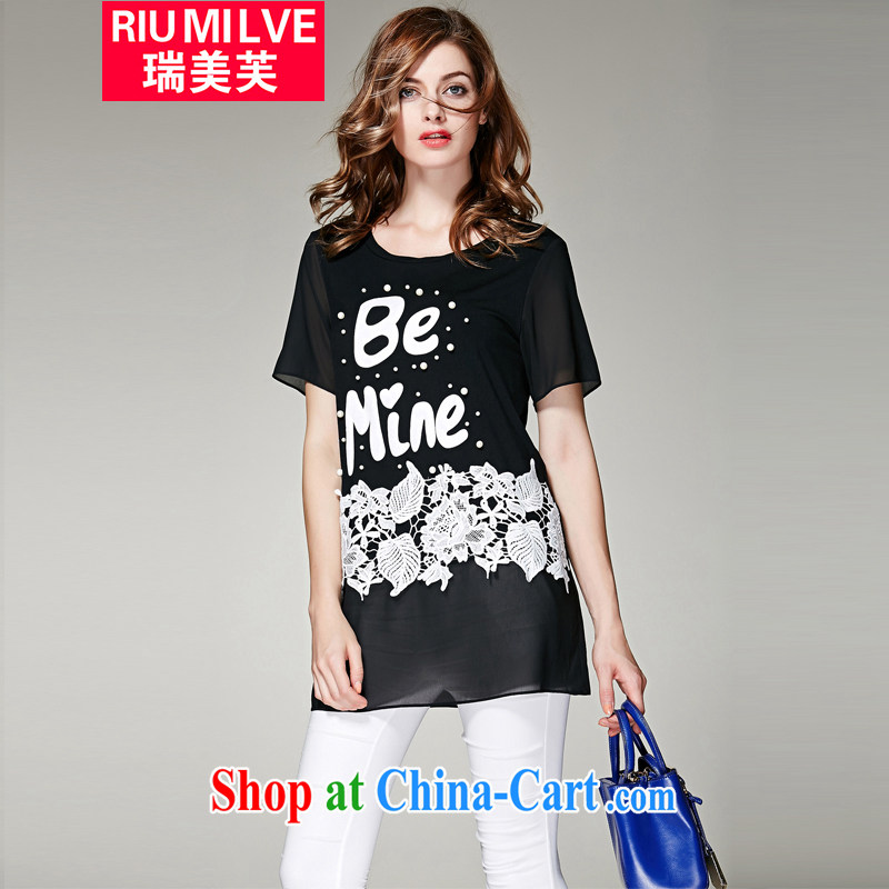 Ryan and the United States concluded the 2015 is indeed increasing, female summer new thick mm video thin letter stamp staples snow Pearl woven stitching short-sleeved T-shirt T-shirt N 3627 black XXXL