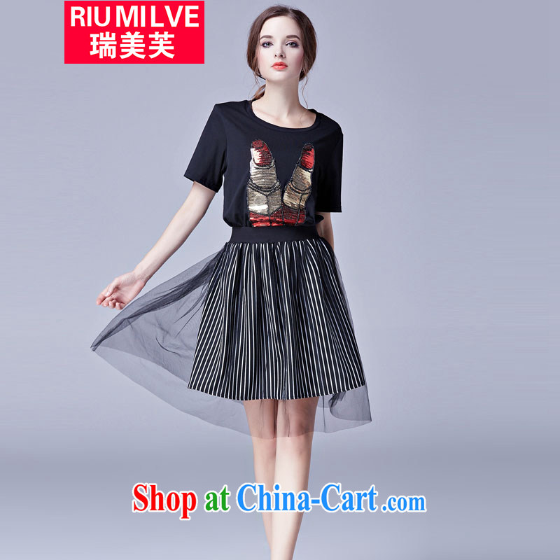 and the United States, will be the 2015 is indeed increasing, female summer new kit mm thick beauty graphics thin European and American style short sleeve shirt T body skirt two piece black XXXL