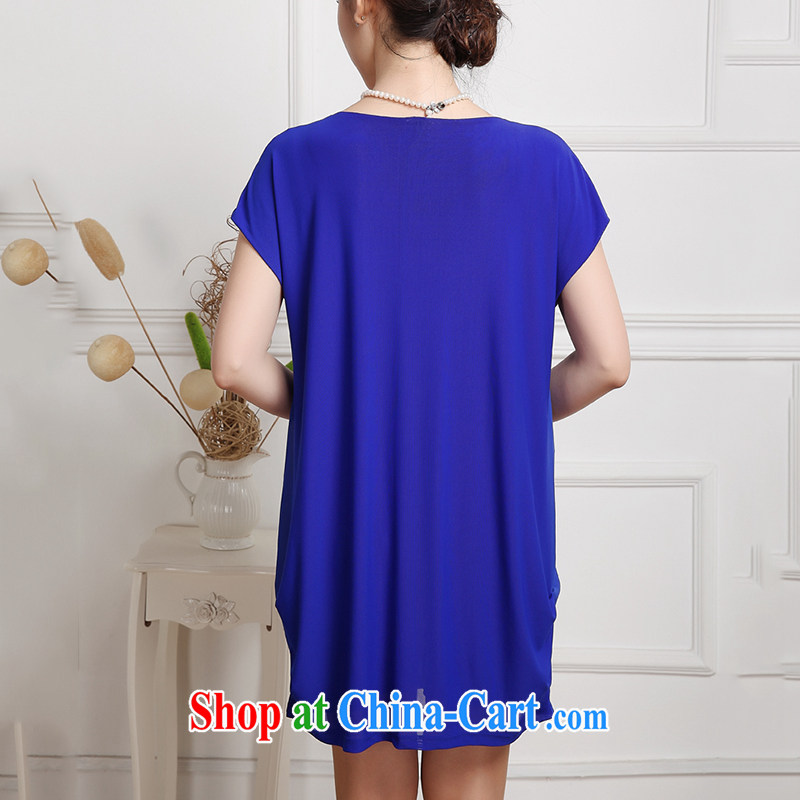 The willing to the Summer middle-aged mother with snow woven into color dresses Korean Beauty round-collar OL Ms. aura skirts solid color the fat and short-sleeved, long skirt blue XXXL, the OSCE to Ka, and shopping on the Internet