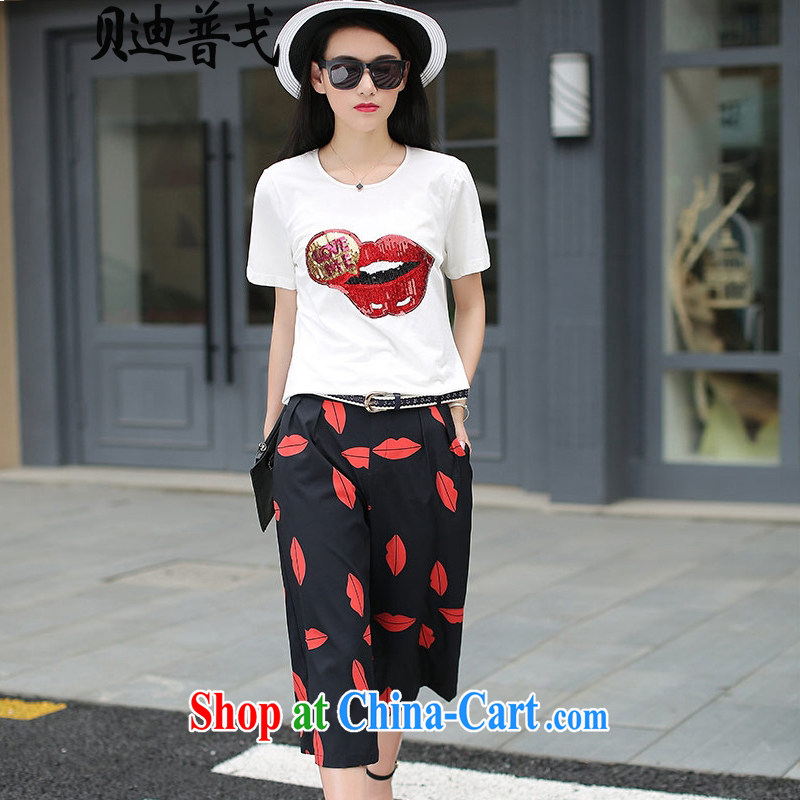 Brady, the larger female summer new two-piece thick MM graphics thin cotton T shirt + width and 7 pants white + black trousers 1834 XL 2 135 - 145 Jack left and right