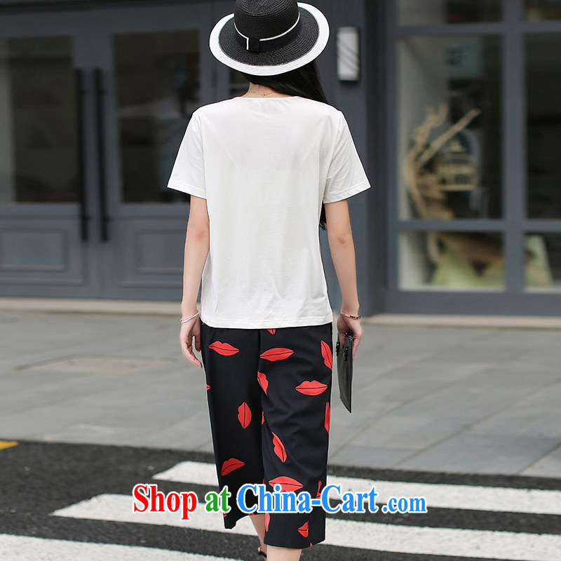 Brady, the larger female summer new two-piece thick MM graphics thin cotton T shirt + width and 7 pants white + black trousers 1834 XL 2 135 - 145 Jack left and right, the Golan, and shopping on the Internet