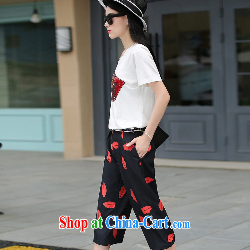 Brady, the larger female summer new two-piece thick MM graphics thin cotton T shirt + width and 7 pants white + black trousers 1834 XL 2 135 - 145 Jack left and right, the Golan, and shopping on the Internet