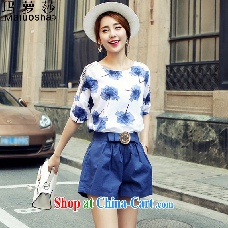 Margaret Elizabeth Kahlo's 2015 summer new Korean version stamp duty cotton mA short-sleeved shorts two piece stylish Leisure package name Yuan blue XL