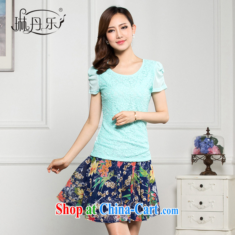 Lin Dan, 2015 summer new Korean version the code short-sleeve dress lace snow beauty woven two-piece with short skirts blue T-shirt + blue skirts XXXXL