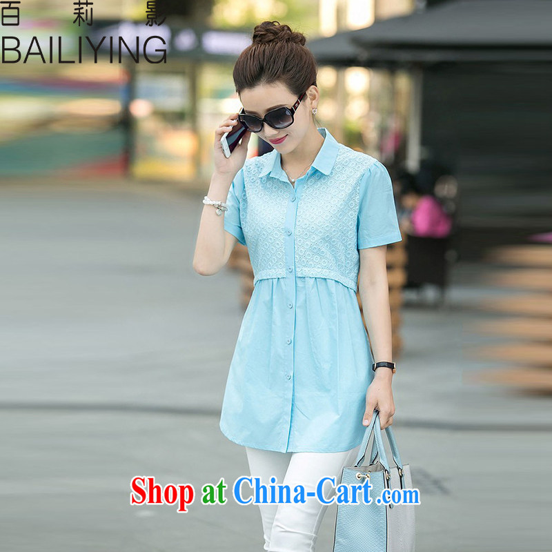 100 Julie shadow summer new stylish large, female short-sleeved Korean relaxed thick sister Sau San solid color shirt blue 3XL, 100 Li (BAILIYING), online shopping