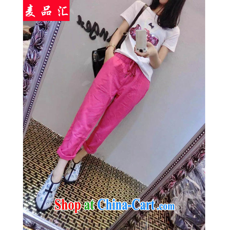 Mr MAK, Exchange 2015 thick sister summer new, larger ladies solid color round-collar, T shirt + tie Elastic waist cotton the trousers Kit 5868 T white shirt + pink pants 4 XL