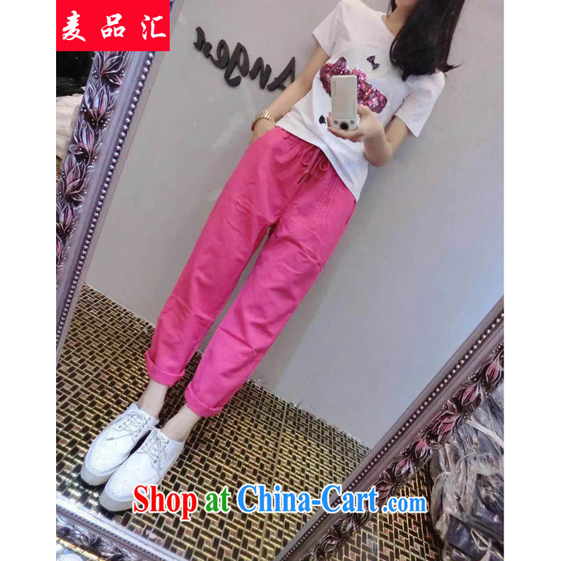 Mr MAK, Exchange 2015 thick sister summer new, larger girl with a solid color round-collar on-chip T-shirt + tie Elastic waist cotton the trousers Kit 5868 T white shirt + pink pants 4 XL, wheat products, and shopping on the Internet