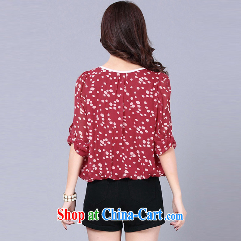 Shin Sung-XL girls with thick mm amazing graphics thin Korean OL temperament 100 ground dot the Point snow woven stamp T shirts female 7 snow cuff woven shirts 8615 wine red M, ink marks, and shopping on the Internet