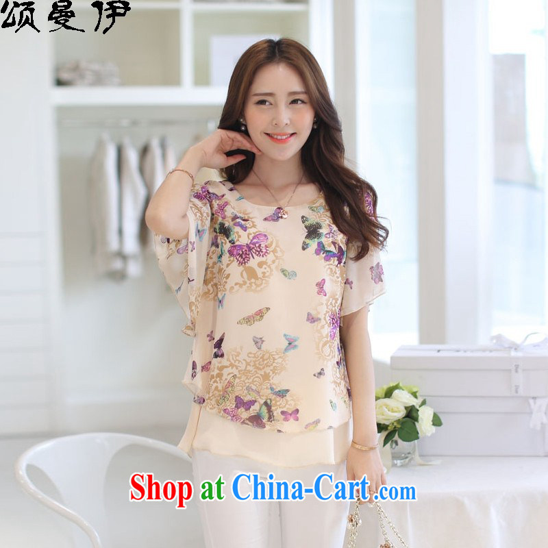 Also, the 2015 summer new Korean loose larger female-sin leave two bat sleeves butterfly Flower Snow woven shirts summer 8668 purple L
