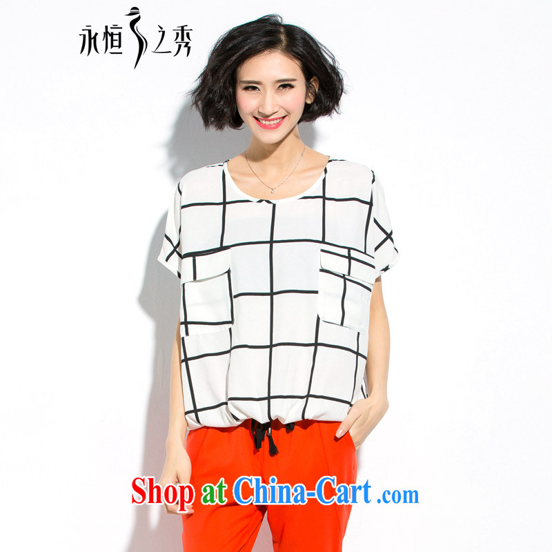 Eternal Su-eternal-soo and indeed increase female thick mm summer 2015 new loose video thin plaid T pension white 3XL