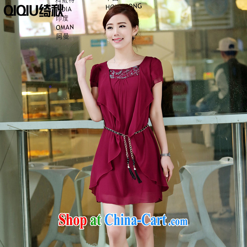 Chi-chiu-dress code the dress and indeed intensify summer 2015 new liberal short-sleeved clothes Korean Version Stamp snow woven shirts female wine red XXXXL