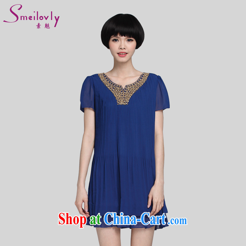 Staff of the fat increase, female summer fat people video thin, thick sister V-neck pin Pearl short-sleeved snow woven dresses 2315 large blue code XL for 120 about Jack