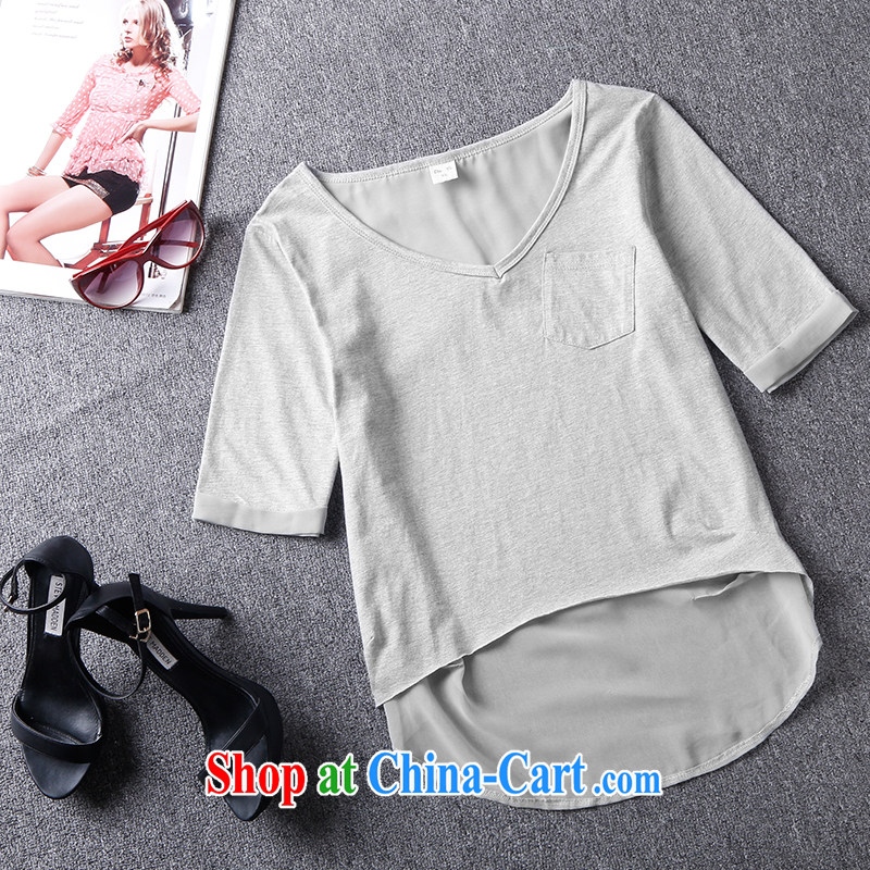 Bai Yan 2015 summer dress two-piece V collar 5 in cuff stitching snow T woven shirts skirt package package mail, black, gray, Bai Yan, shopping on the Internet