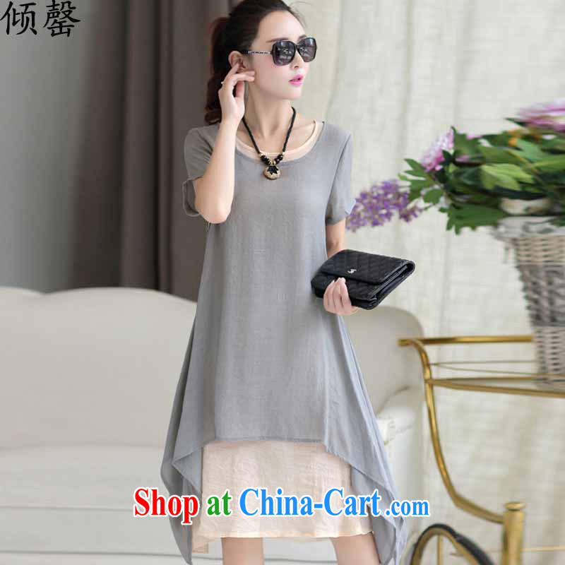 Dumping, summer 2015 new Korean version of the greater Code women mm thick retro short-sleeved loose video thin cotton the dresses girls light gray XXL