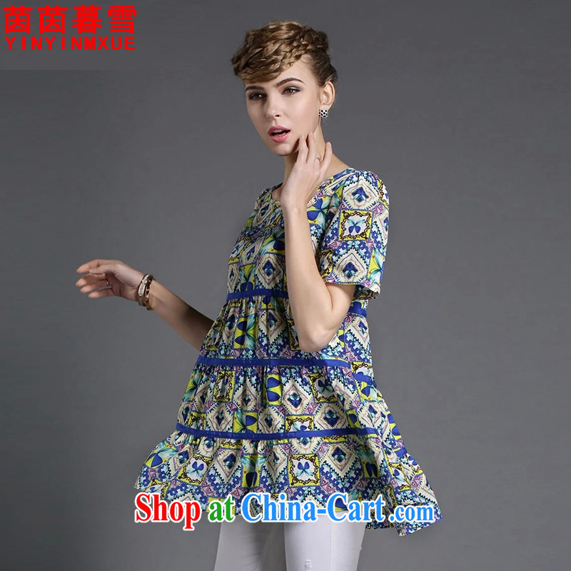 Athena Chu Yan and snow 2015 summer new, larger women are seen wearing short-sleeved stamp snow woven shirts female XFS 8638 Map Color 4 XL, Yan Yan, Xue (yinyinmuxue), online shopping