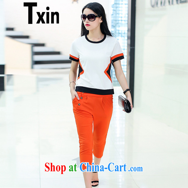 Europe Txin larger female summer 200 Jack video thin leisure suite with round collar shirt T loose 7 pants Korean two-piece thin and thick XL white T shirt + orange 7 pants 5 XL_180 - 200 jack