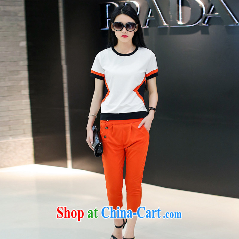 Europe Txin larger female summer 200 Jack video thin leisure suite with round collar shirt T loose 7 pants Korean two-piece thin and thick XL white T shirt + orange 7 pants 5 XL/180 - 200 jack, Txin, shopping on the Internet